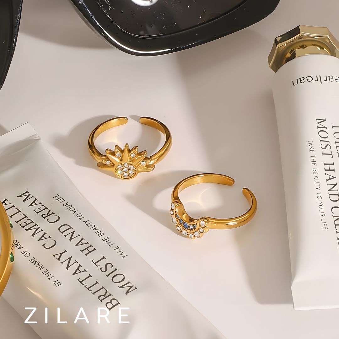 Anillo elegante ajustable bañado oro 18k sol y luna Samira