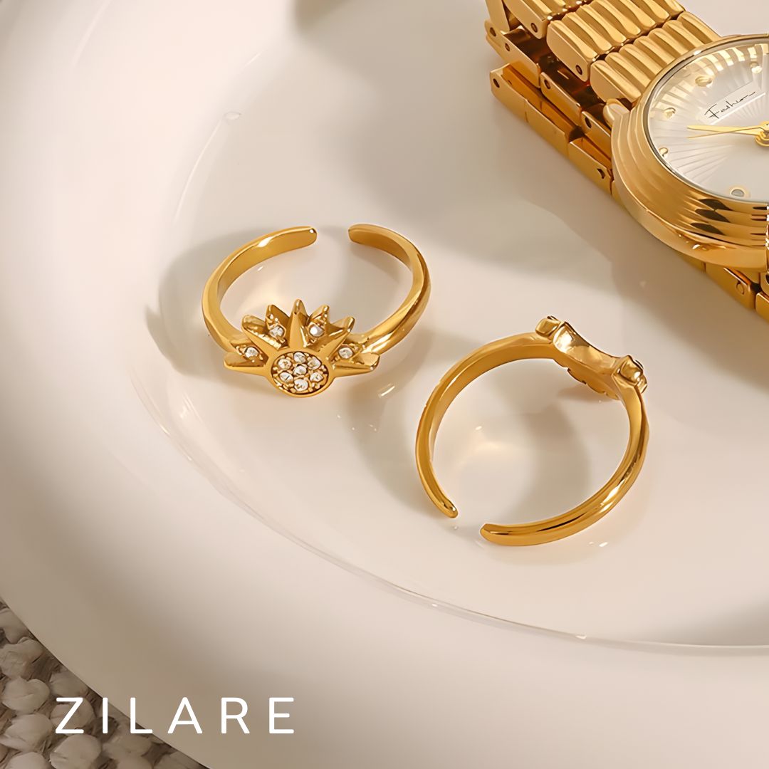 Anillo elegante ajustable bañado oro 18k sol y luna Samira