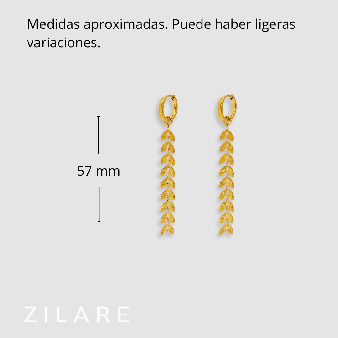 Aretes colgantes dorados con hojas baño de oro 18k Dalía