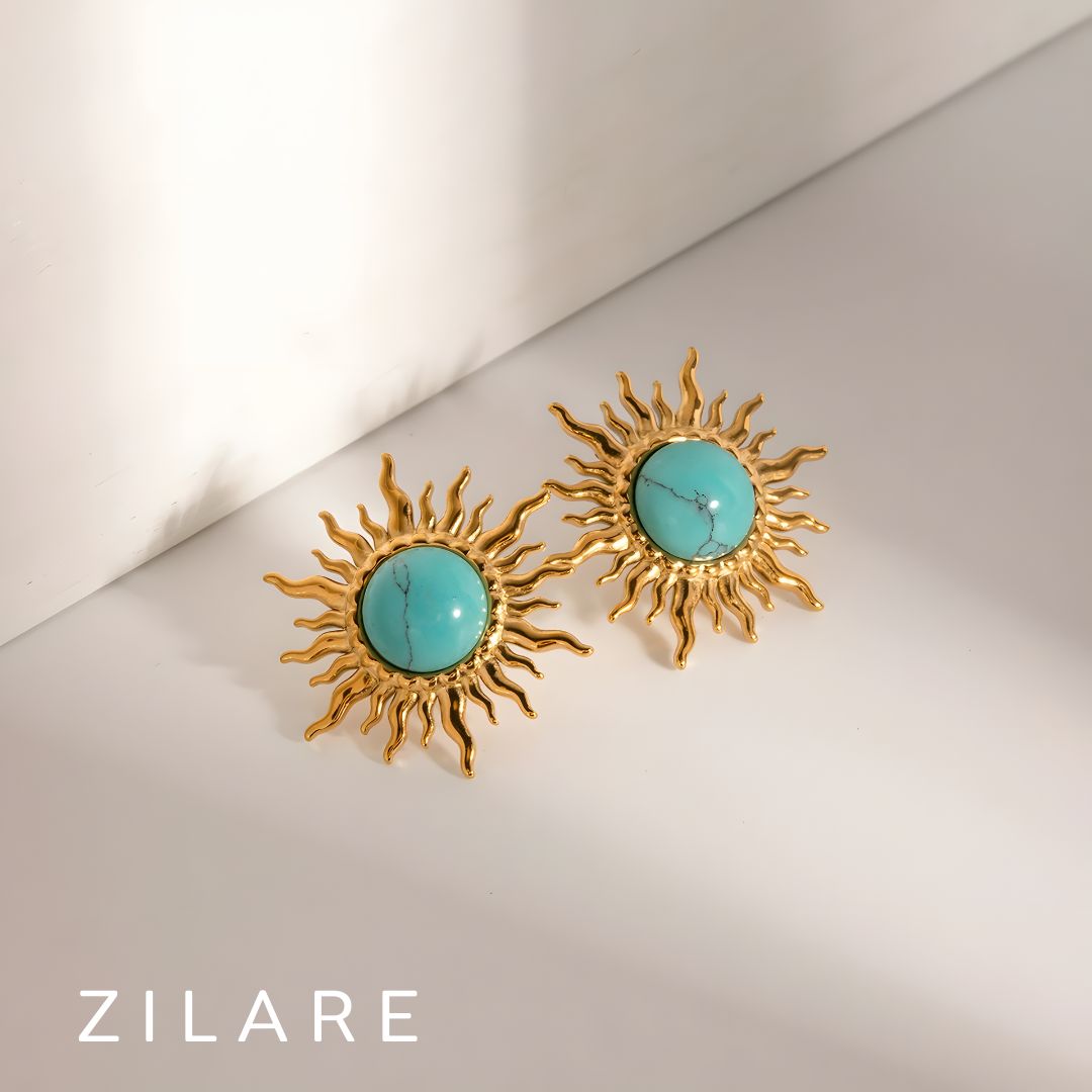 Aretes dorados bañados oro 18k diseño de sol turquesa Xidani