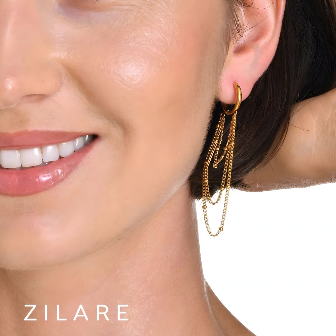 Aretes dorados argolla con cadenas baño de oro 18k Mirel