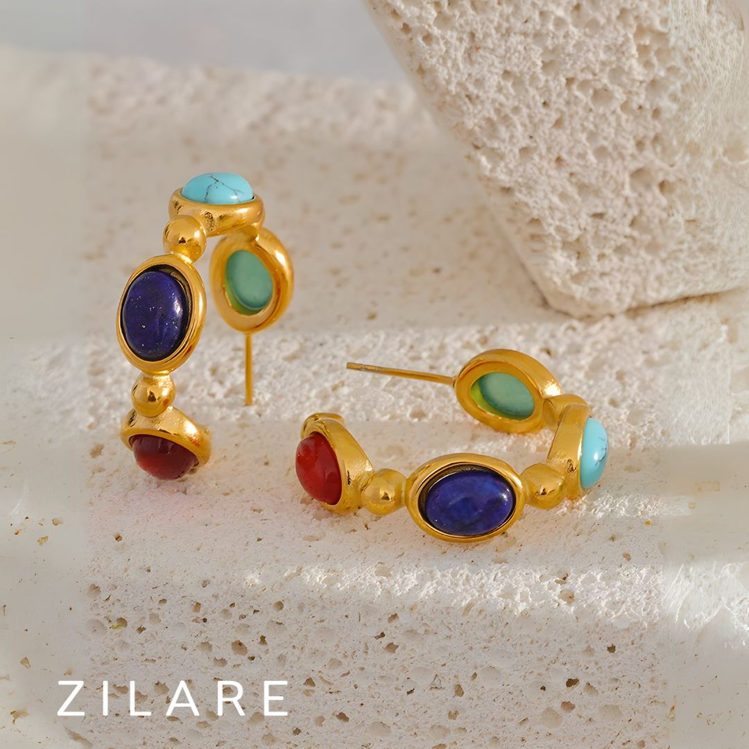 Aretes Dorados con Piedras de Colores y Diseño Único Nina
