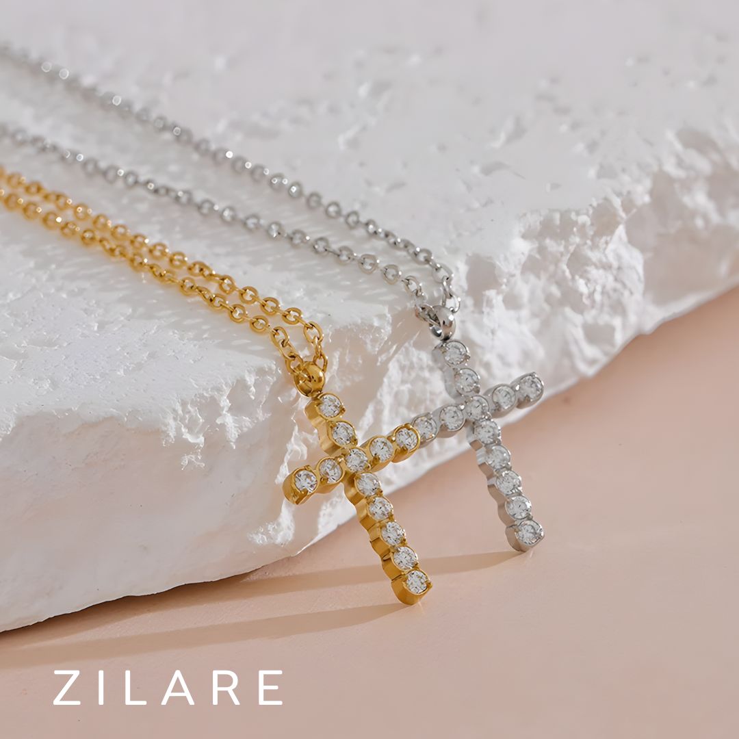 Collar con cruz para mujer bañado oro 18k y zirconias Ivanna