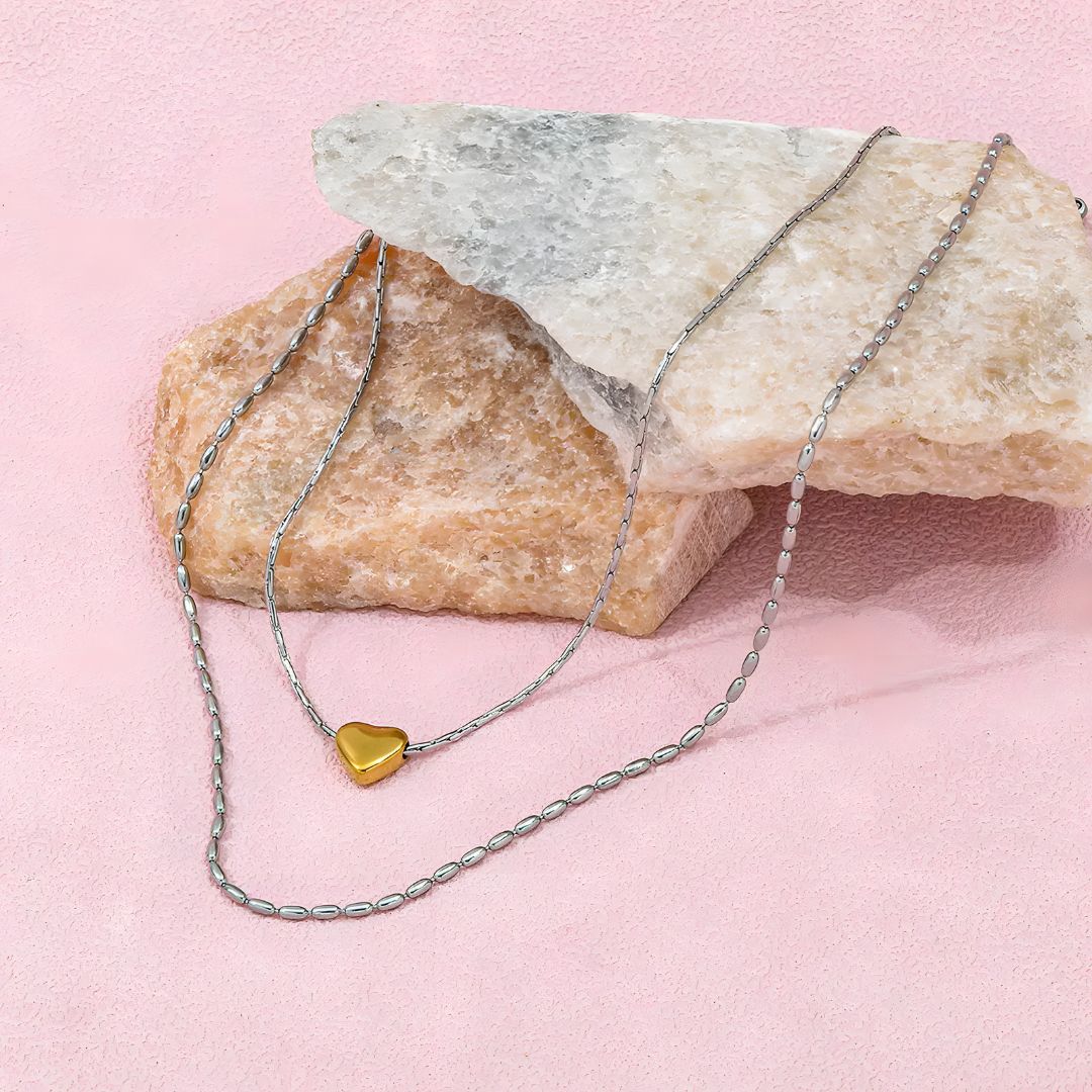 Collar doble acero inoxidable con corazón dorado  Itzel