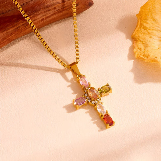 Collar dorado cruz piedras coloridas bañado oro 18k Eloísa