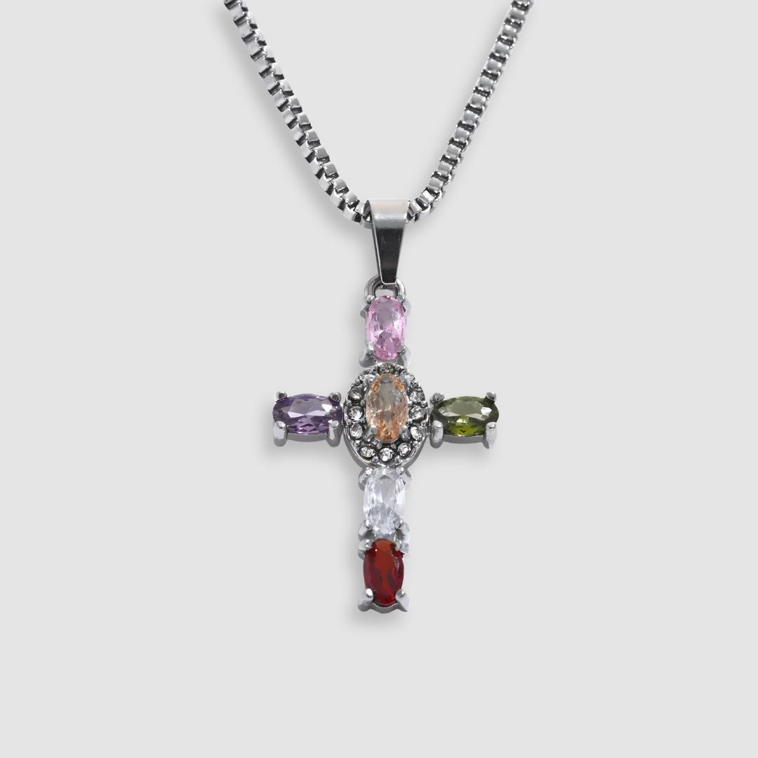 Collar dorado cruz piedras coloridas bañado oro 18k Eloísa