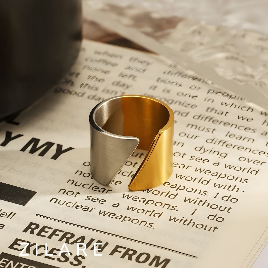 Anillo acero inoxidable con diseño abierto bicolor Amayrani