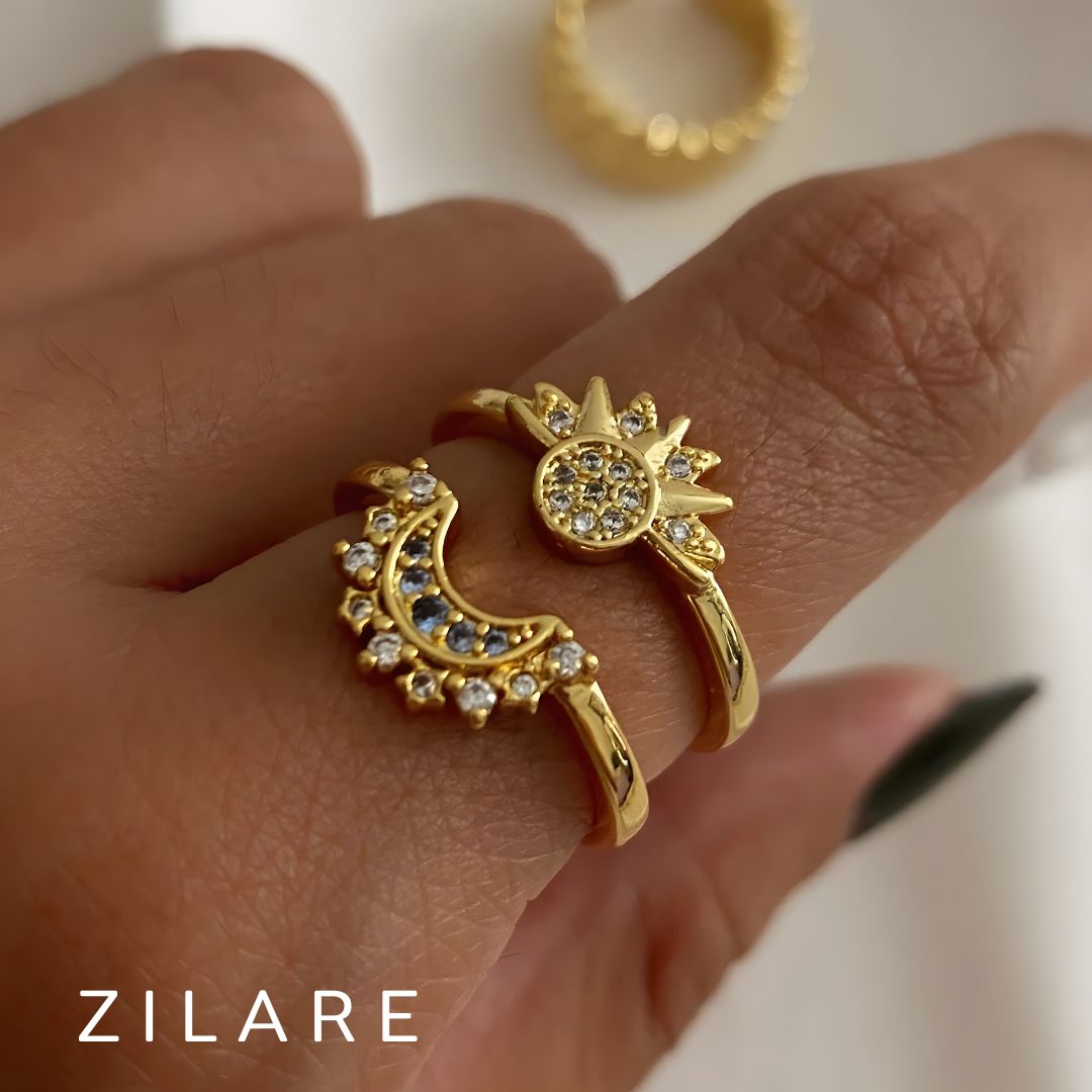 Anillo elegante ajustable bañado oro 18k sol y luna Samira