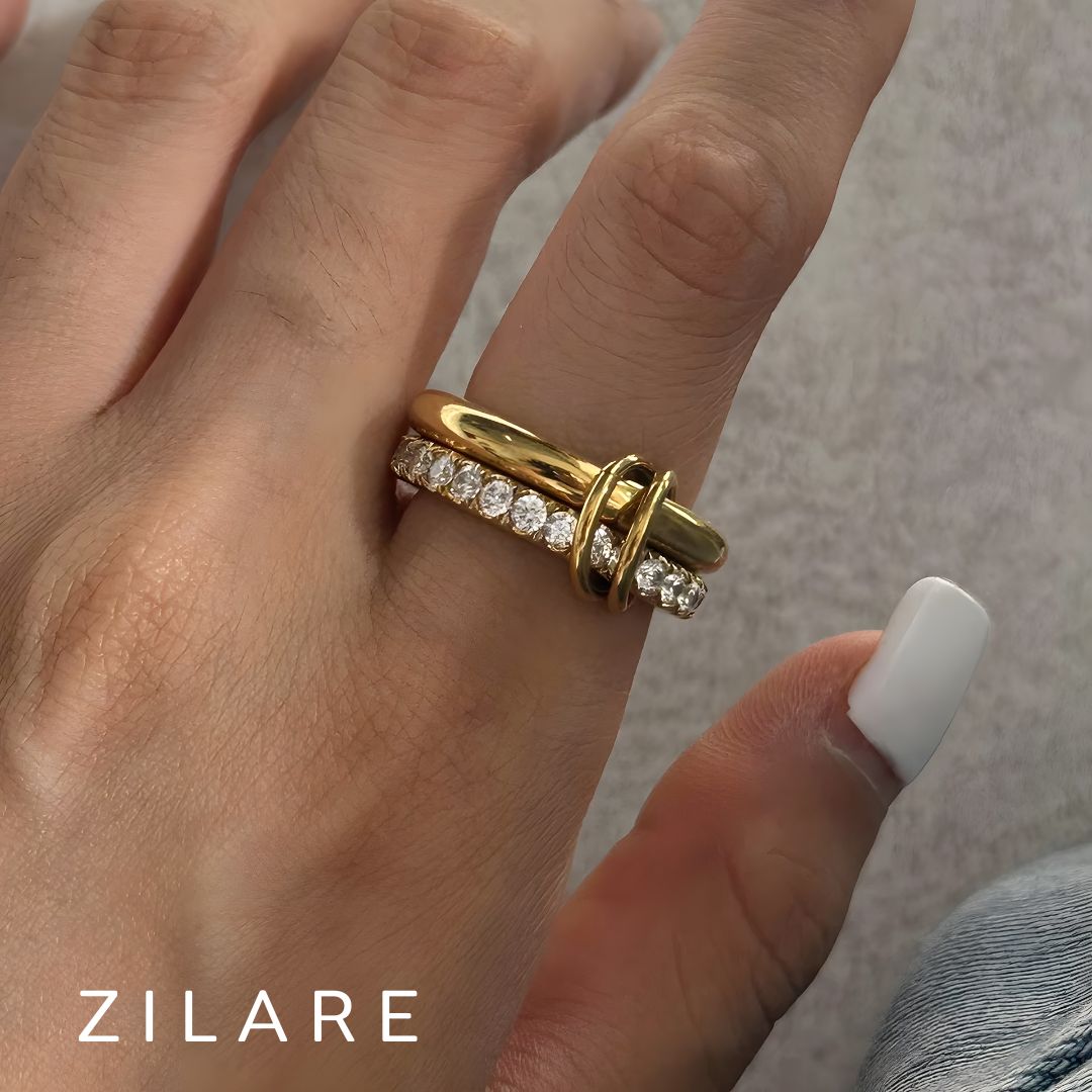 Anillo dorado doble con brillo moderno bañado oro 18k Elna