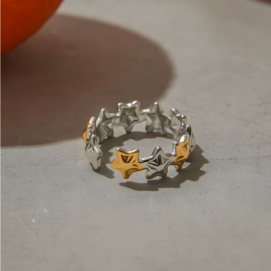 Anillo ajustable en acero inoxidable Estrella Plata y Dorado
