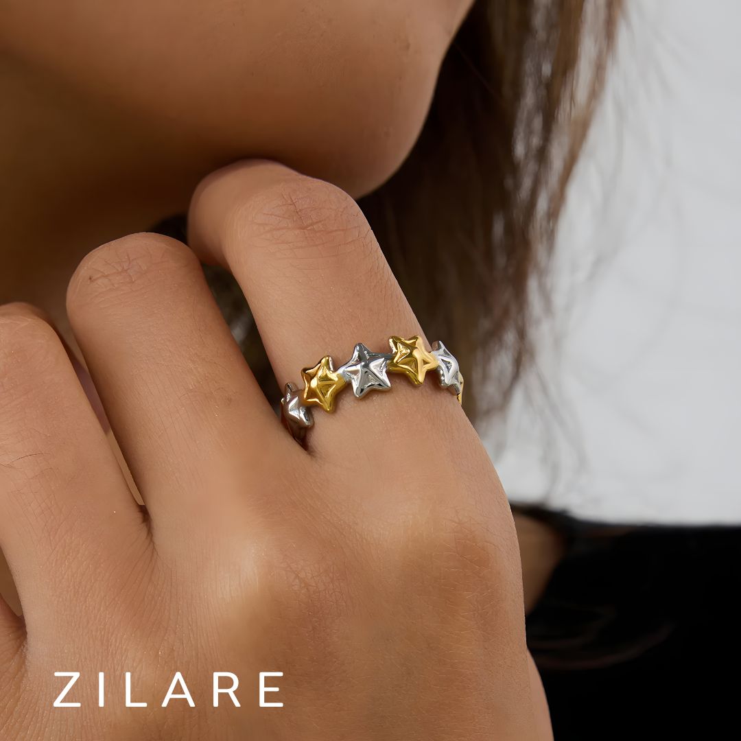 Anillo ajustable en acero inoxidable Estrella Plata y Dorado
