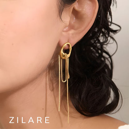 Arete dorado elegante con cadenas largas bañado oro 18k Lucí