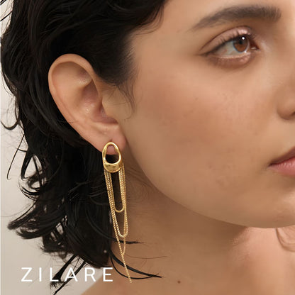 Arete dorado elegante con cadenas largas bañado oro 18k Lucí