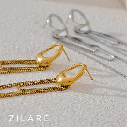 Arete dorado elegante con cadenas largas bañado oro 18k Lucí