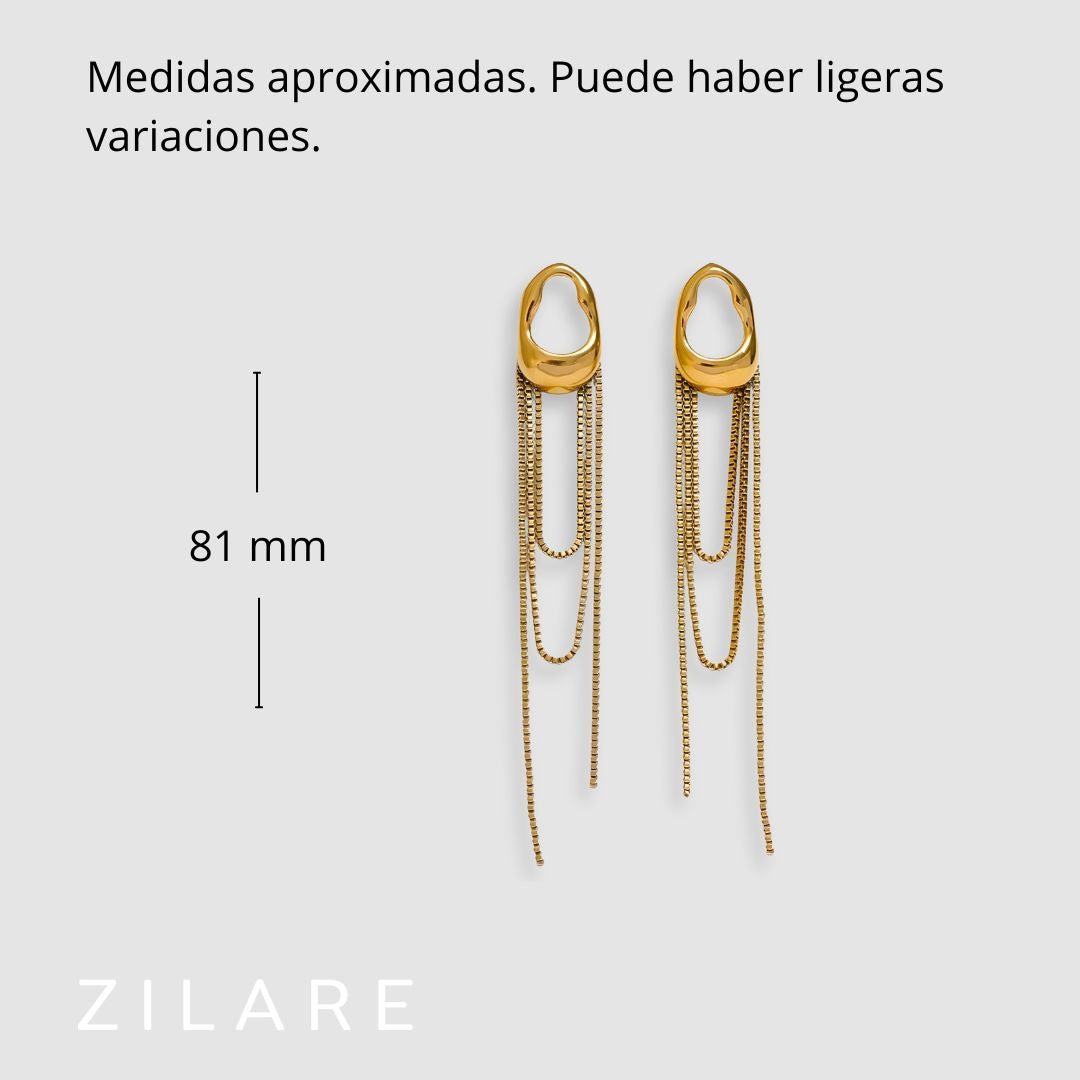 Arete dorado elegante con cadenas largas bañado oro 18k Lucí