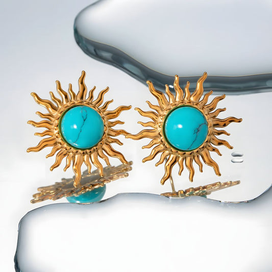 Aretes dorados bañados oro 18k diseño de sol turquesa Xidani