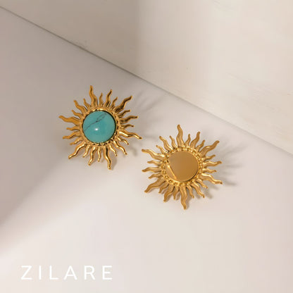Aretes dorados bañados oro 18k diseño de sol turquesa Xidani