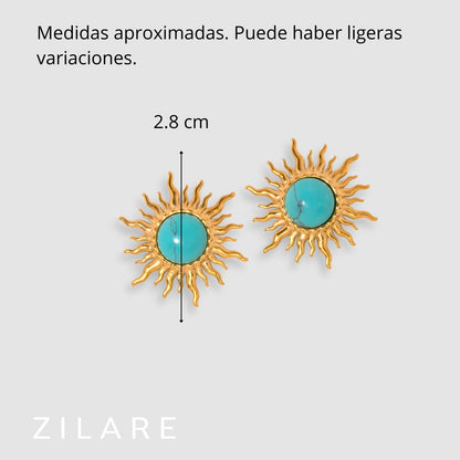 Aretes dorados bañados oro 18k diseño de sol turquesa Xidani
