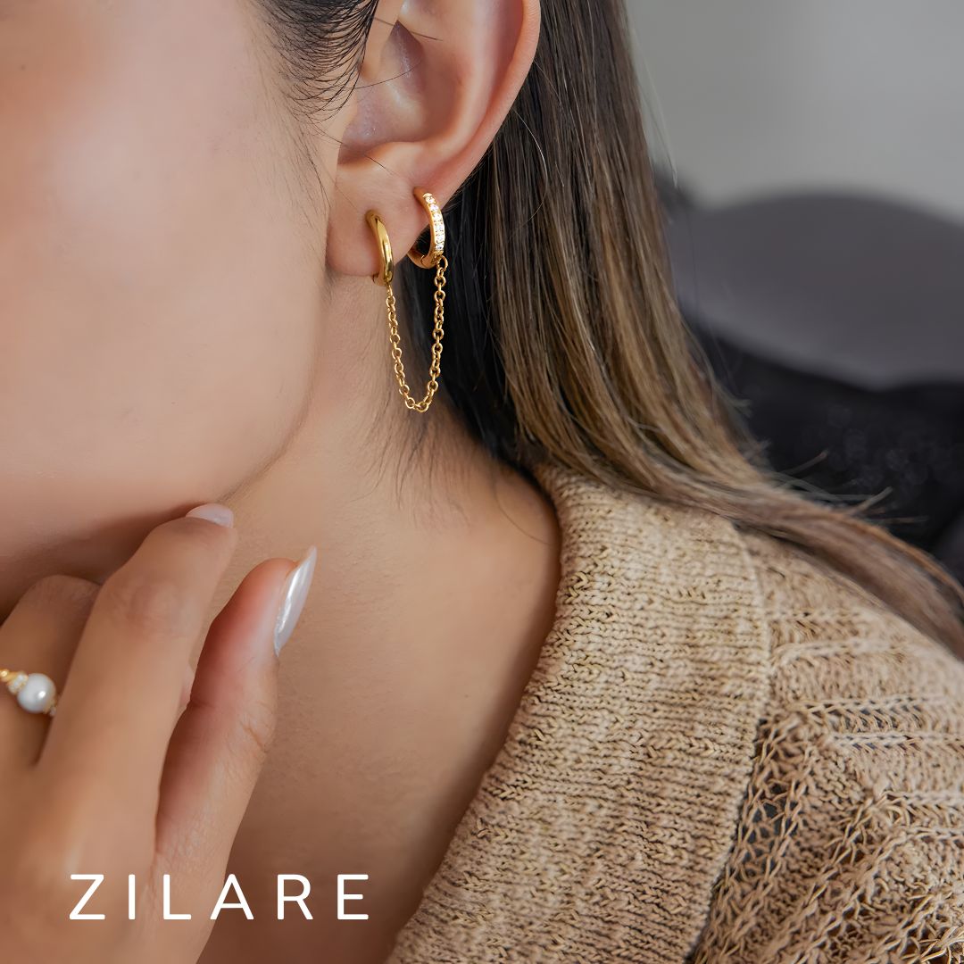 Aretes dorados con cadena elegantes bañado en oro 18k Amaris