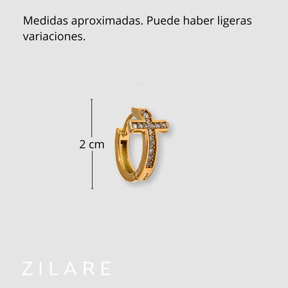Aretes dorados con cruz y zirconias bañados en oro 18k Lía