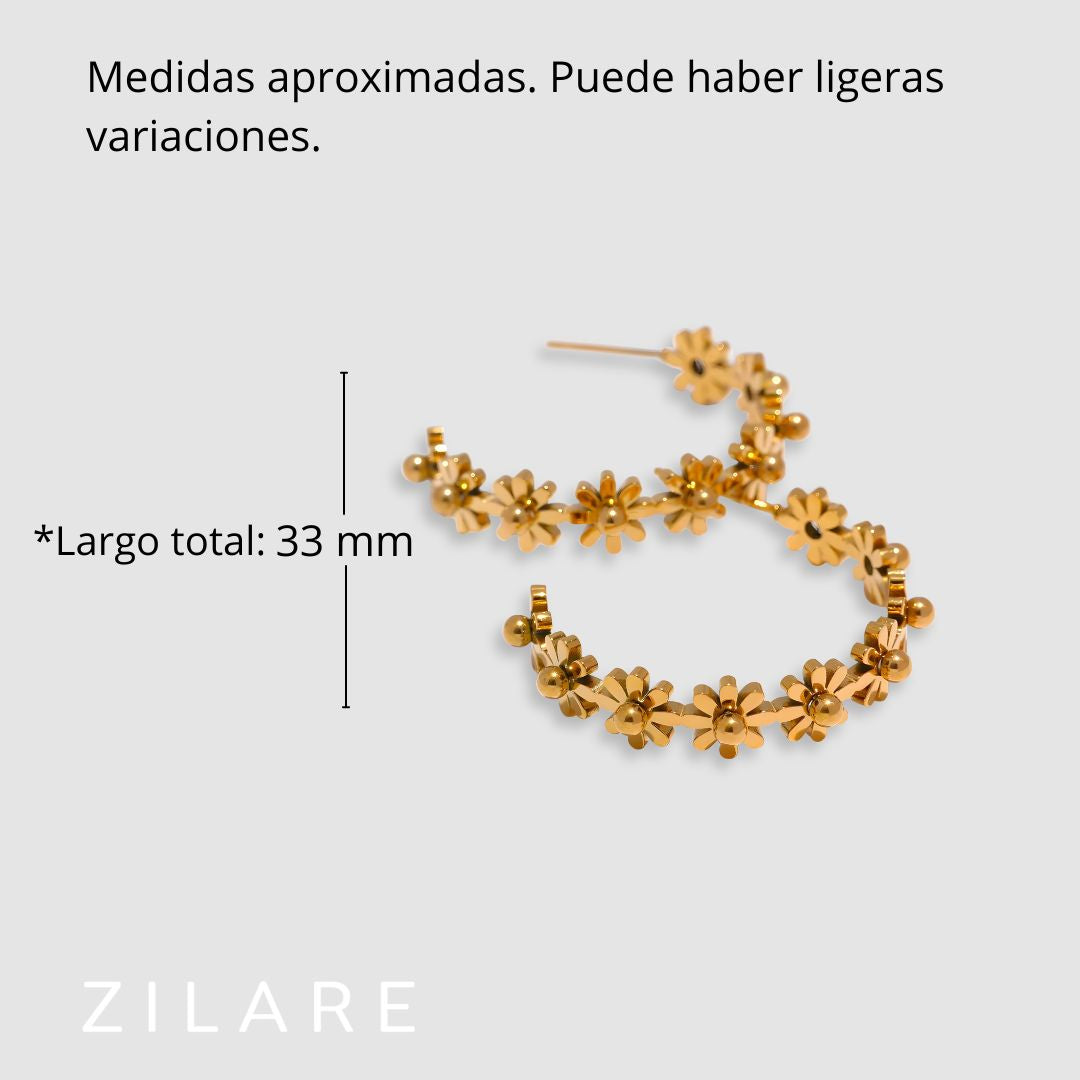 Aretes dorados de flores en aro bañados en oro 18k Bianca