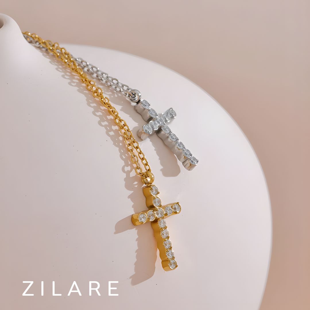 Collar con cruz para mujer bañado oro 18k y zirconias Ivanna