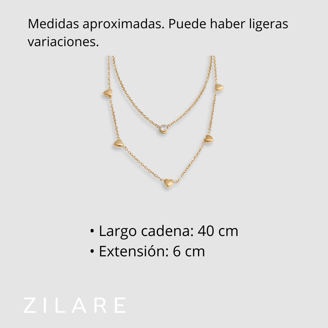 Collar doble con corazones y brillante bañado en oro 18k Isis