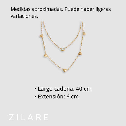 Collar doble con corazones y brillante bañado en oro 18k Isis