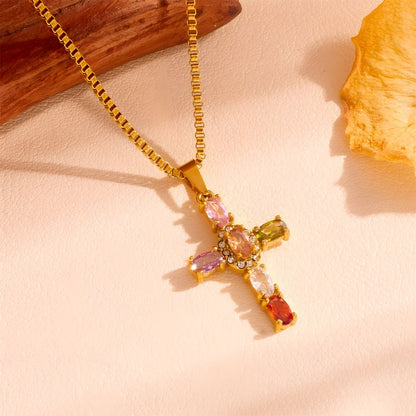 Collar dorado cruz piedras coloridas bañado oro 18k Eloísa