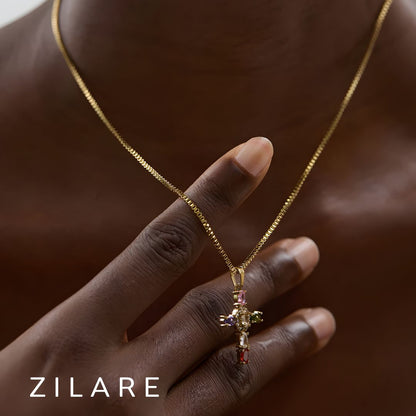 Collar dorado cruz piedras coloridas bañado oro 18k Eloísa