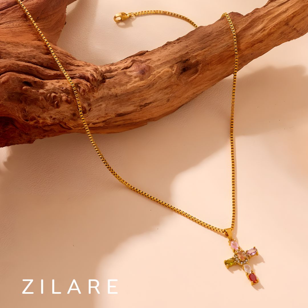 Collar dorado cruz piedras coloridas bañado oro 18k Eloísa