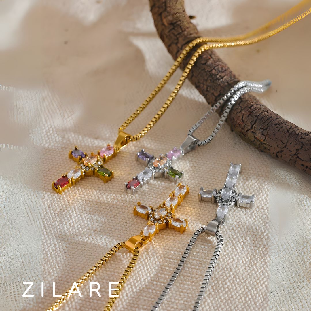 Collar dorado cruz piedras coloridas bañado oro 18k Eloísa