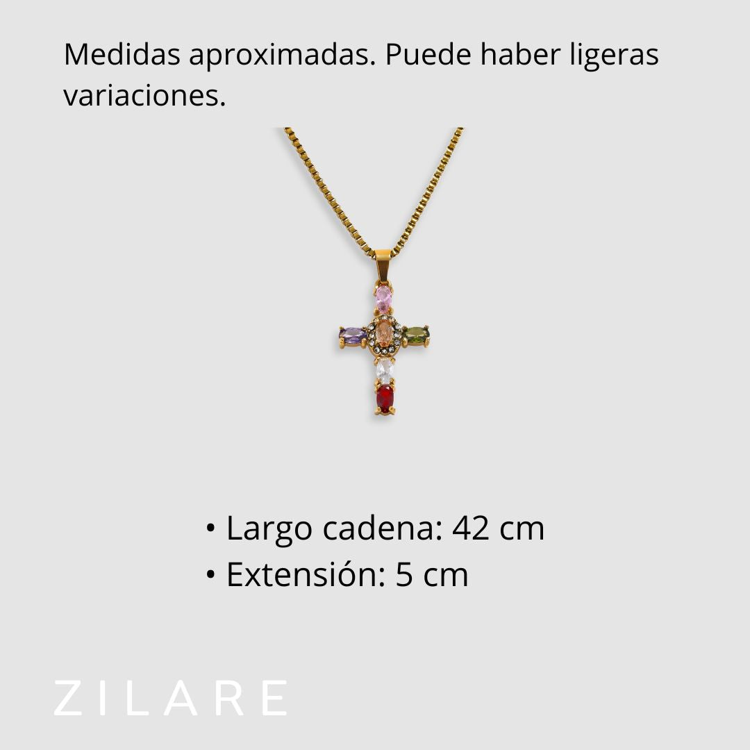 Collar dorado cruz piedras coloridas bañado oro 18k Eloísa