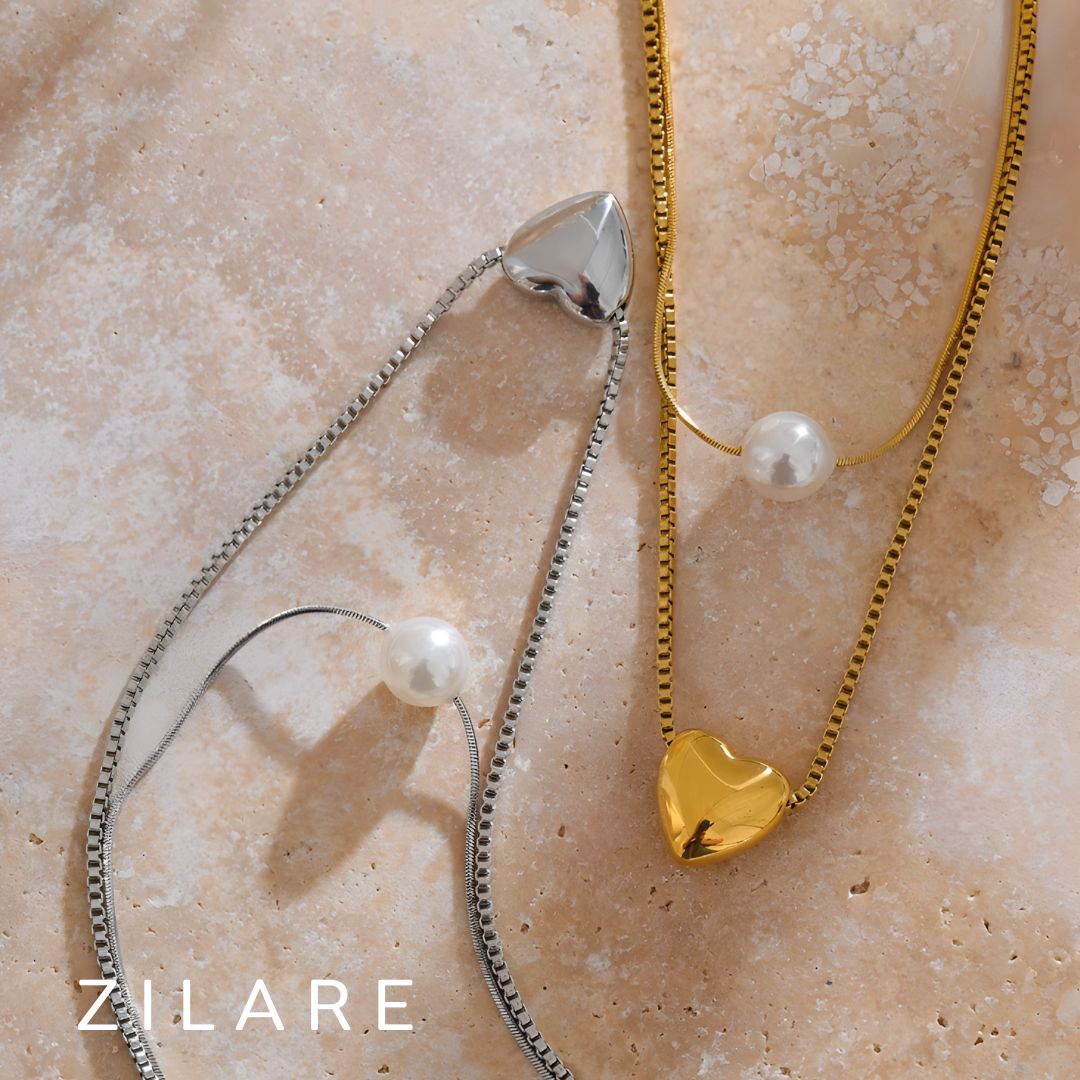 Collar dorado bañado en oro 18k con perla y corazón Leonor