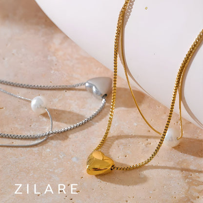 Collar dorado bañado en oro 18k con perla y corazón Leonor