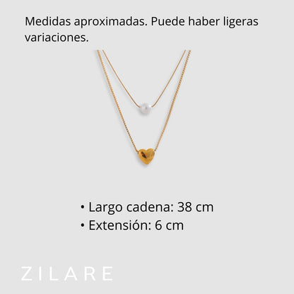 Collar dorado bañado en oro 18k con perla y corazón Leonor