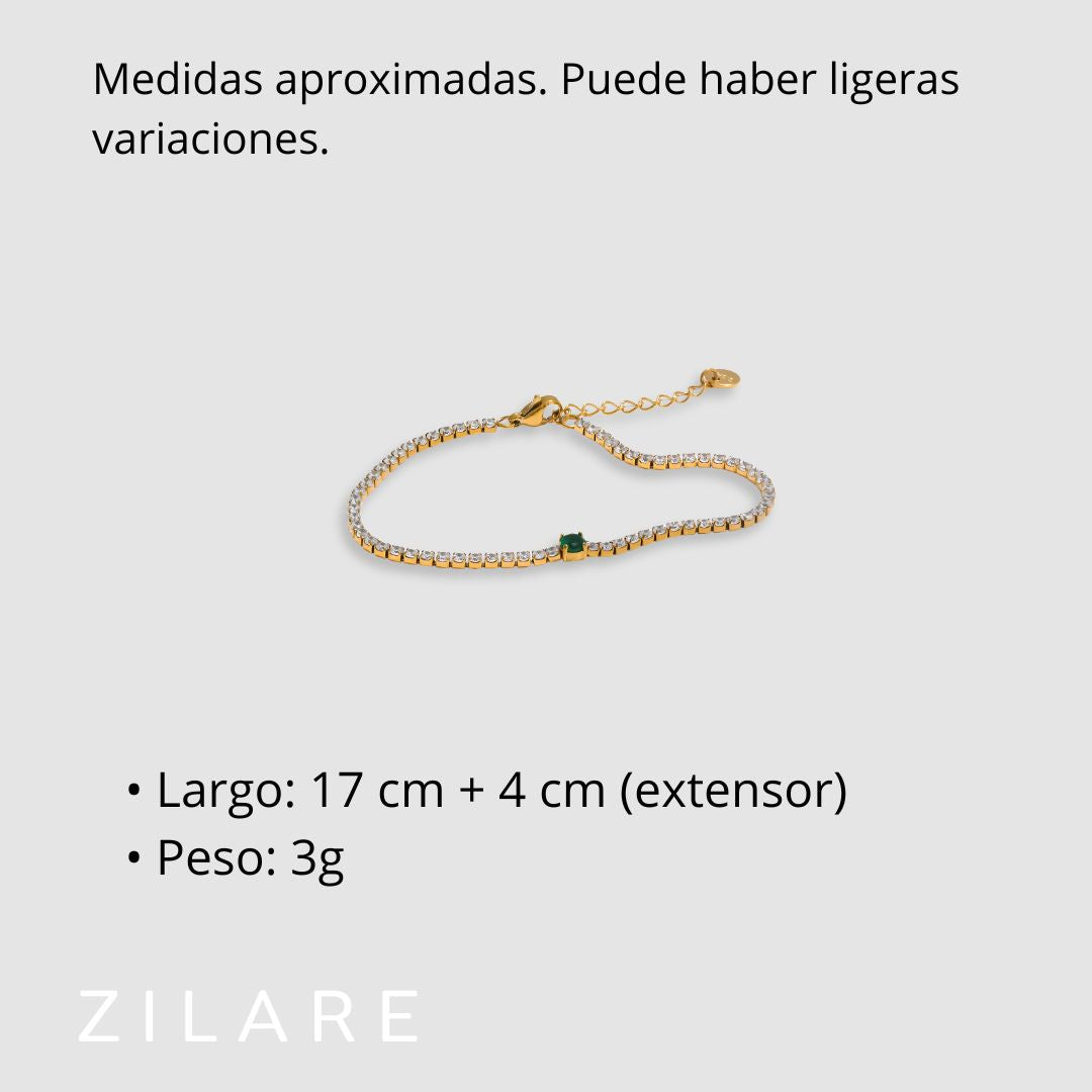 Pulsera dorada con piedras brillantes y detalle verde Florencia