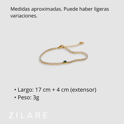 Pulsera dorada con piedras brillantes y detalle verde Florencia
