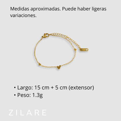 Pulsera dorada con corazones bañada en oro 18k Maricela